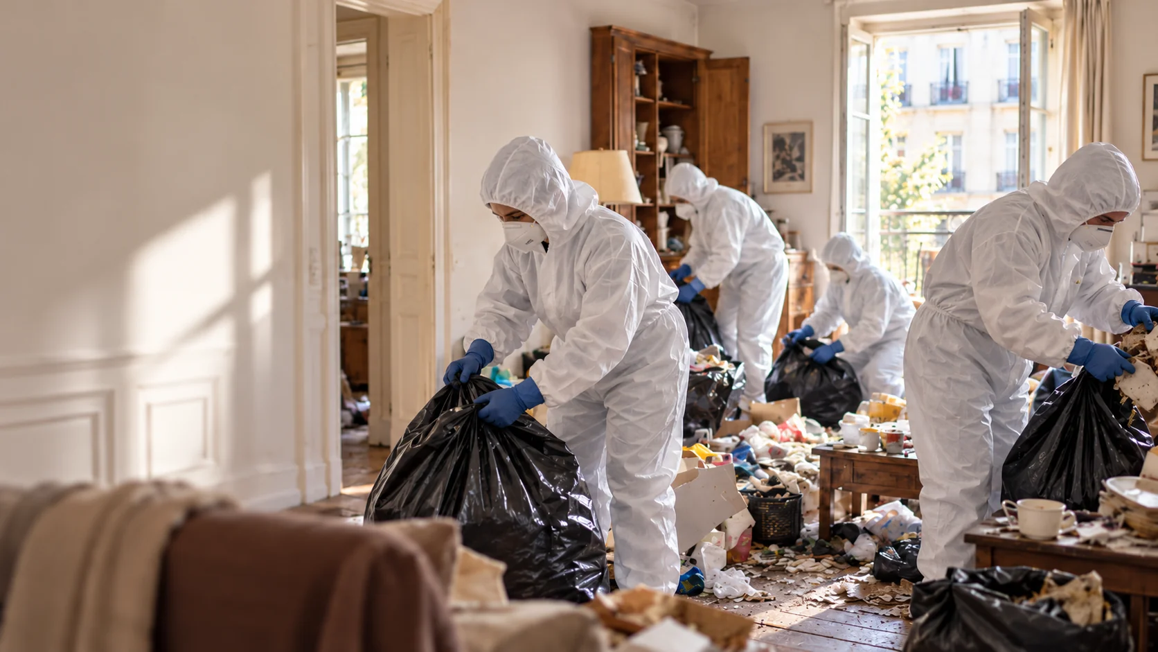 Équipe en tenue de protection déblayant un appartement insalubre