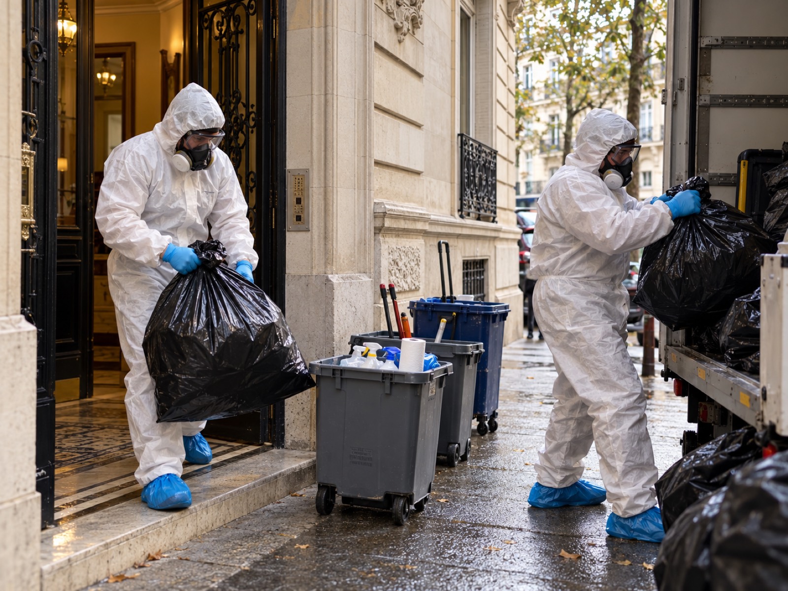 Deux intervenants en tenue de protection chargent des sacs de déchets dans un camion devant la façade d’un immeuble ancien