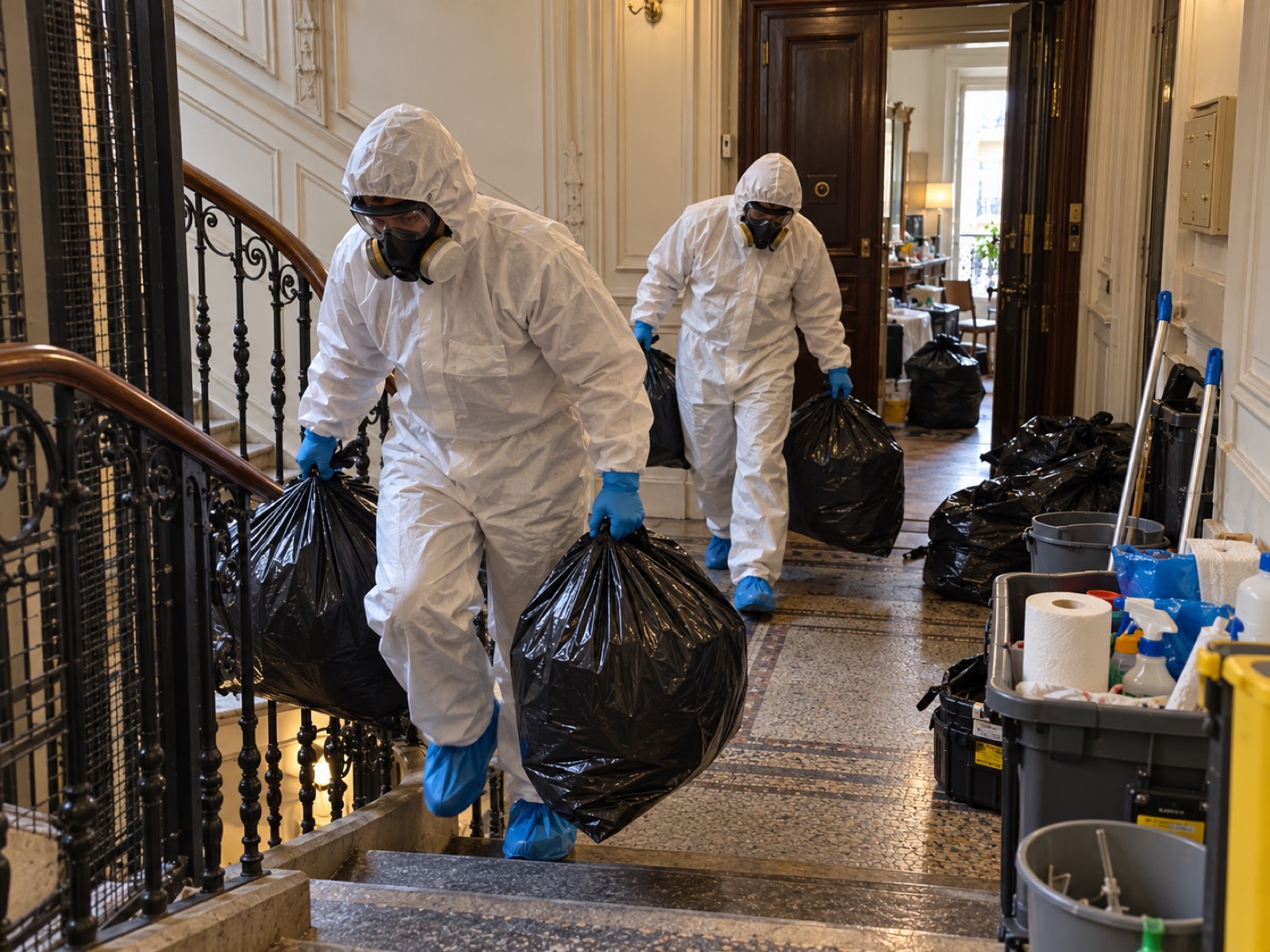 Deux intervenants en tenue de protection descendent des sacs de déchets par l’escalier d’un immeuble ancien lors d’un débarras Diogène