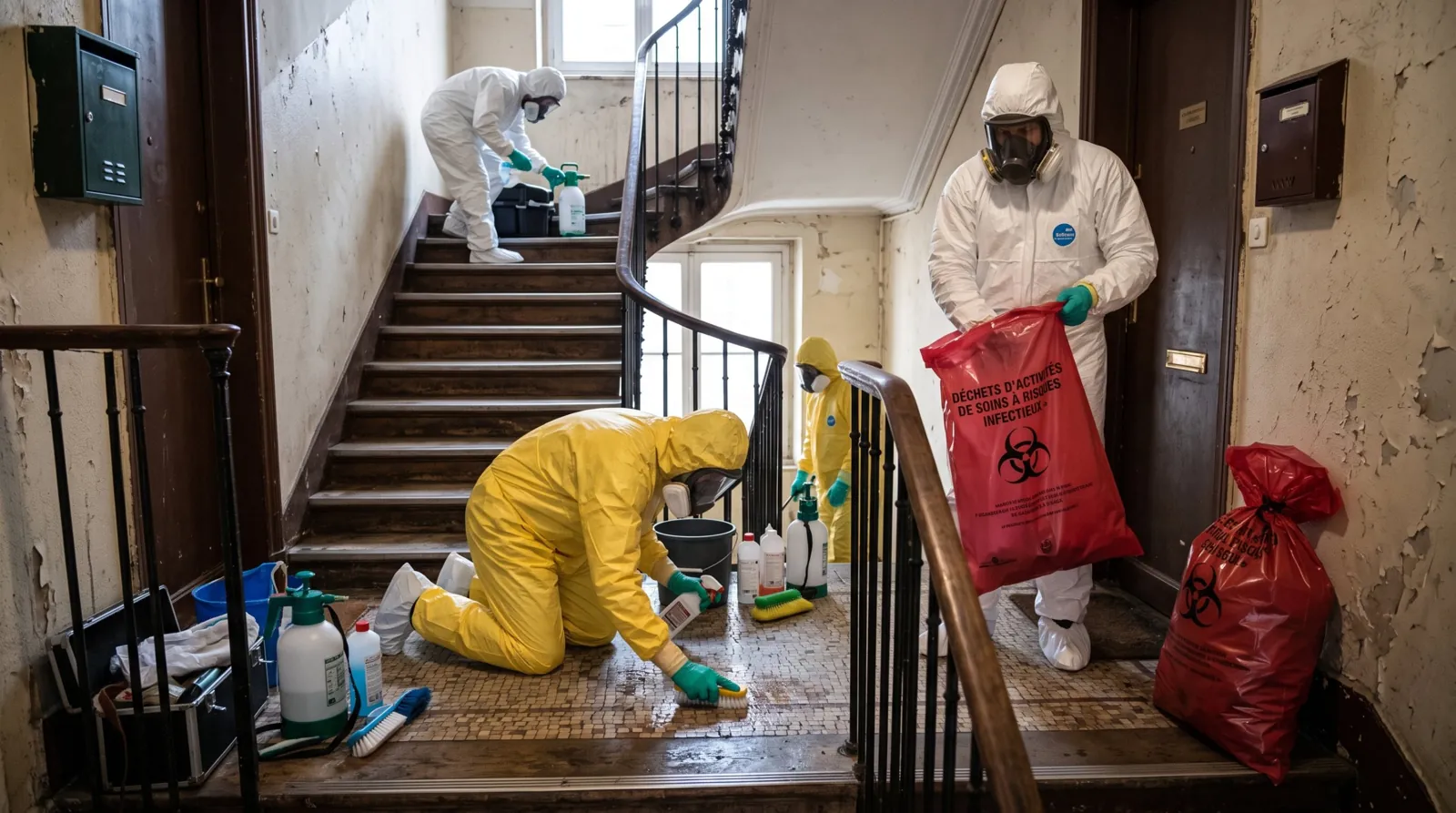 Équipe protégée dans l’escalier d’un immeuble avant l’intervention