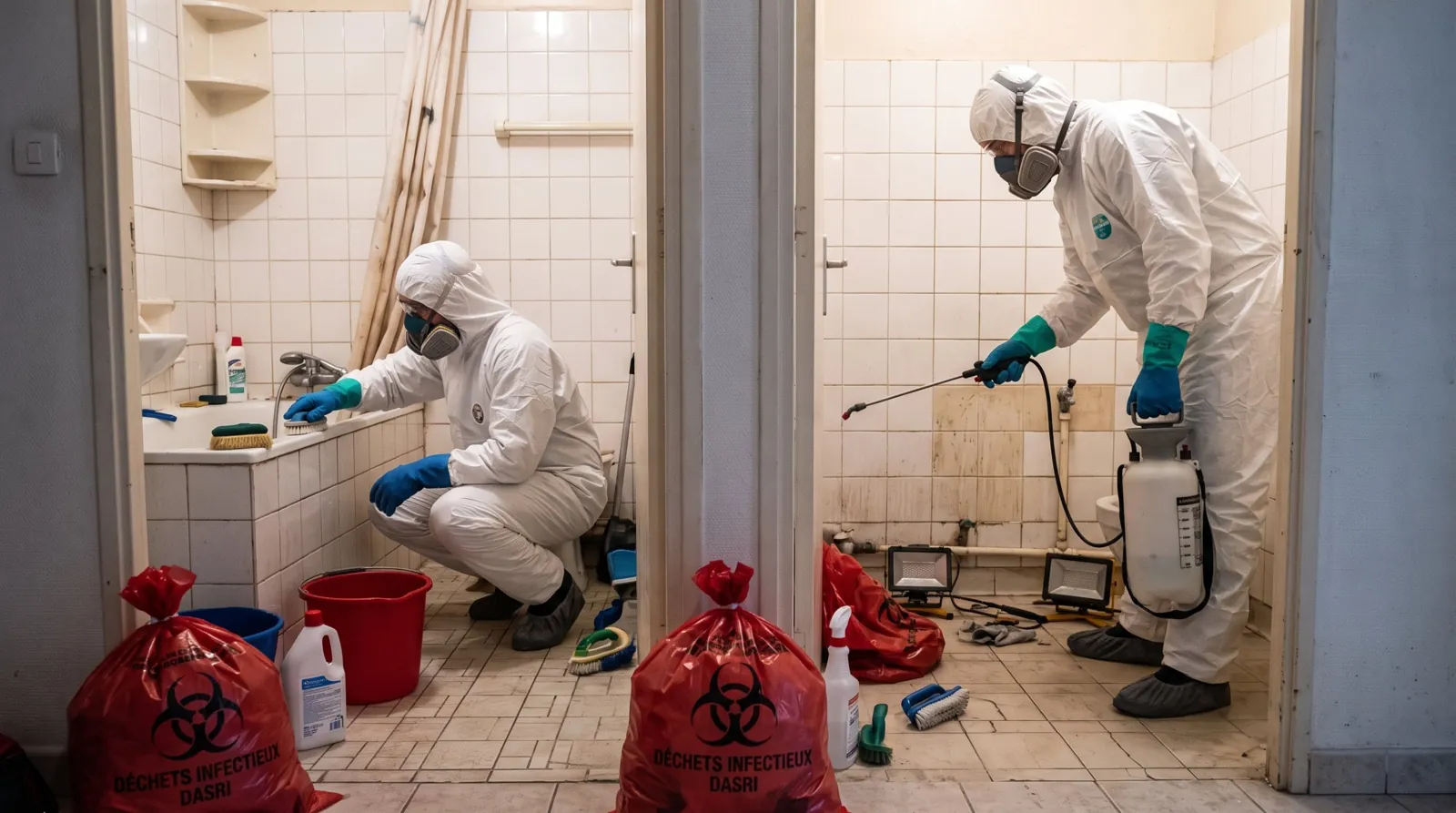 Équipe en combinaison de protection nettoyant et désinfectant une salle de bain