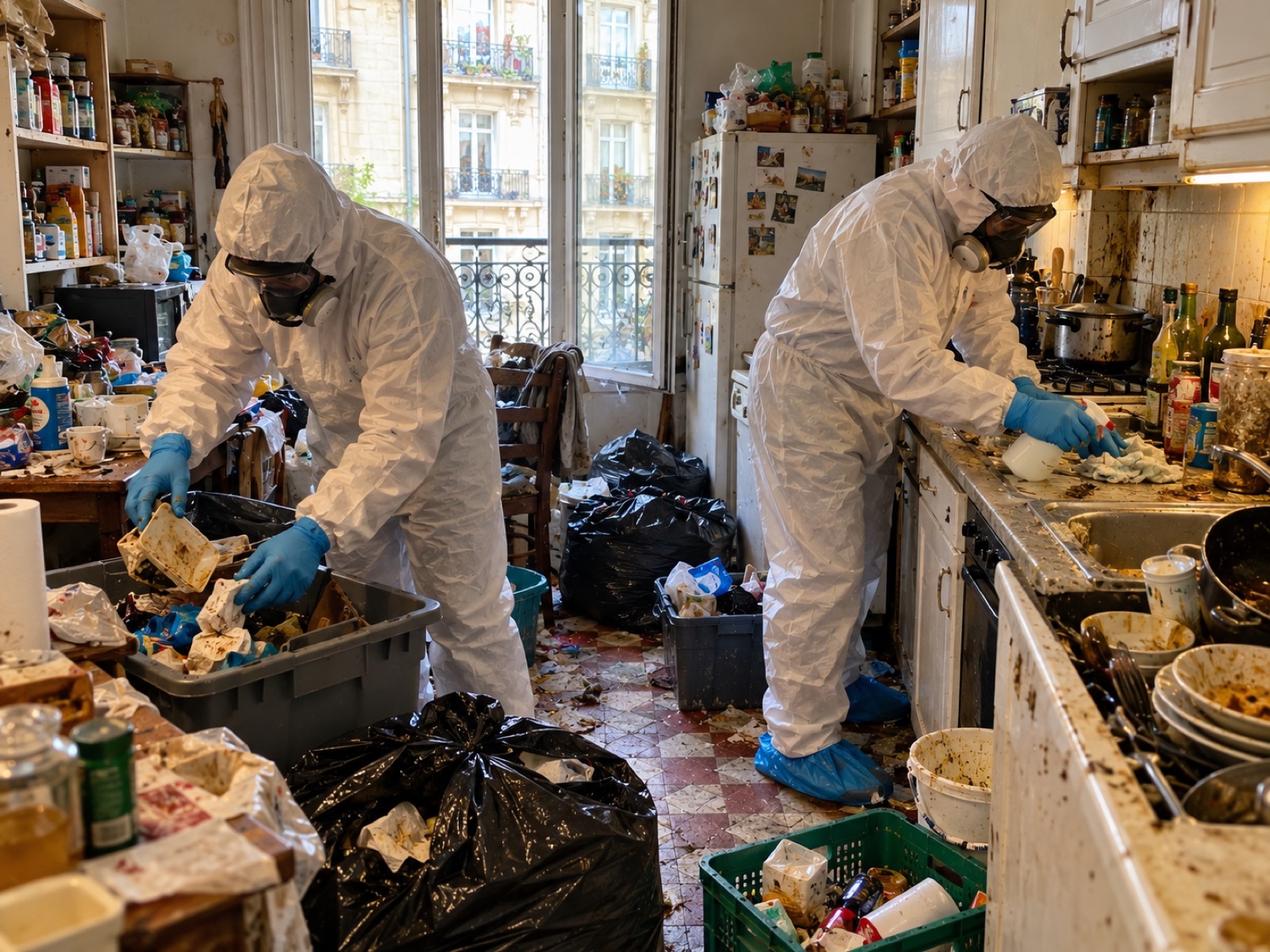 Deux intervenants nettoient et désinfectent une cuisine très encrassée, vaisselle et déchets évacués dans des bacs