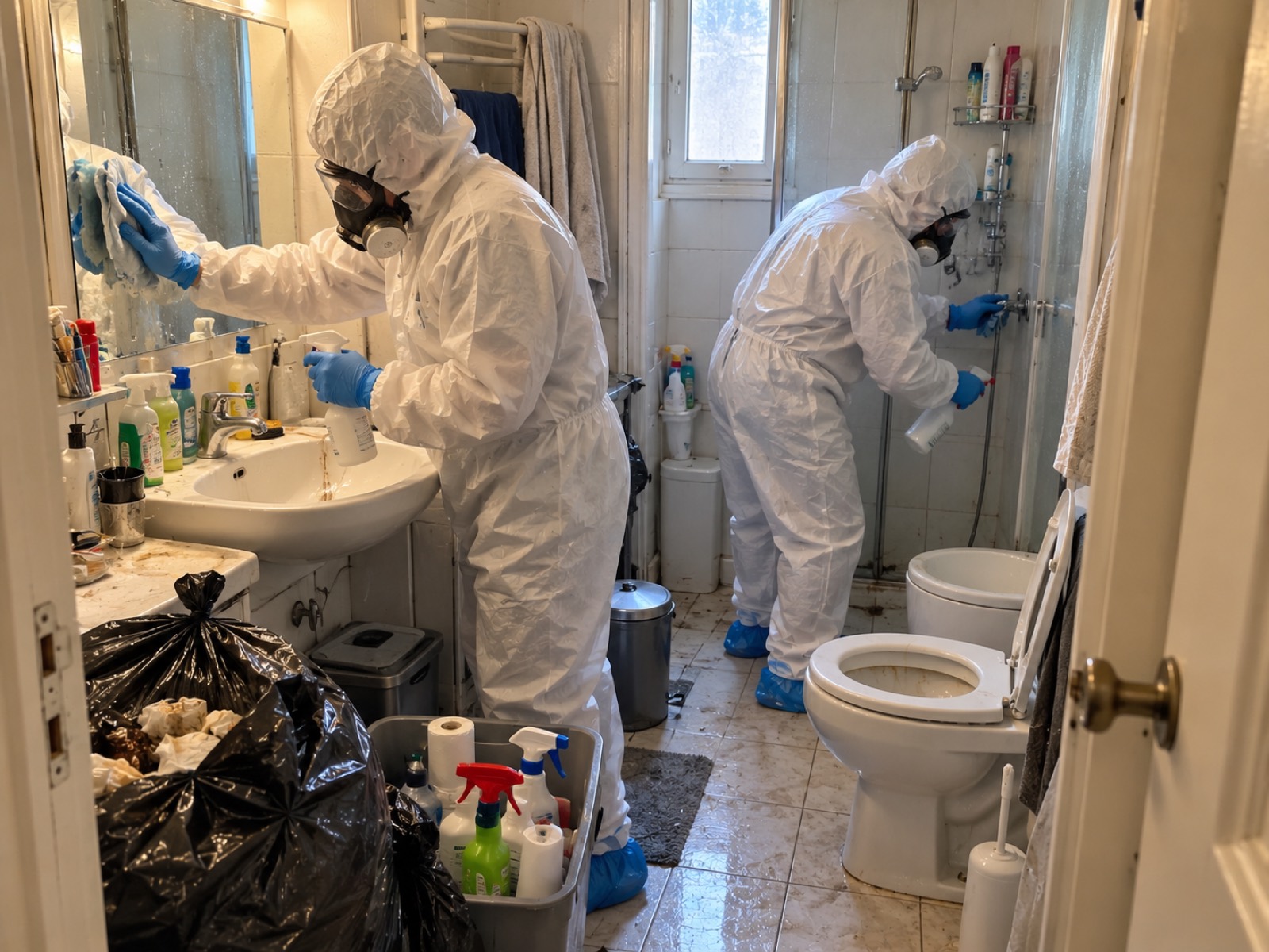 Deux intervenants désinfectent le lavabo, la douche et les toilettes d’une salle de bain insalubre