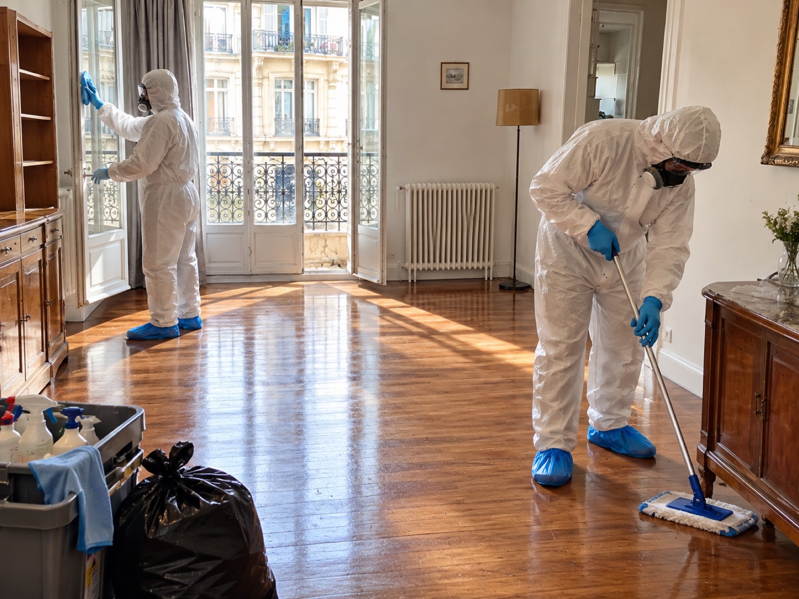 Deux intervenants lavent le parquet et les fenêtres d’un séjour vidé après un débarras Diogène